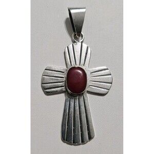 Vintage Chunky Sterling Silver Cross Pendant Red Jasper Stone, 925 Silver Cross